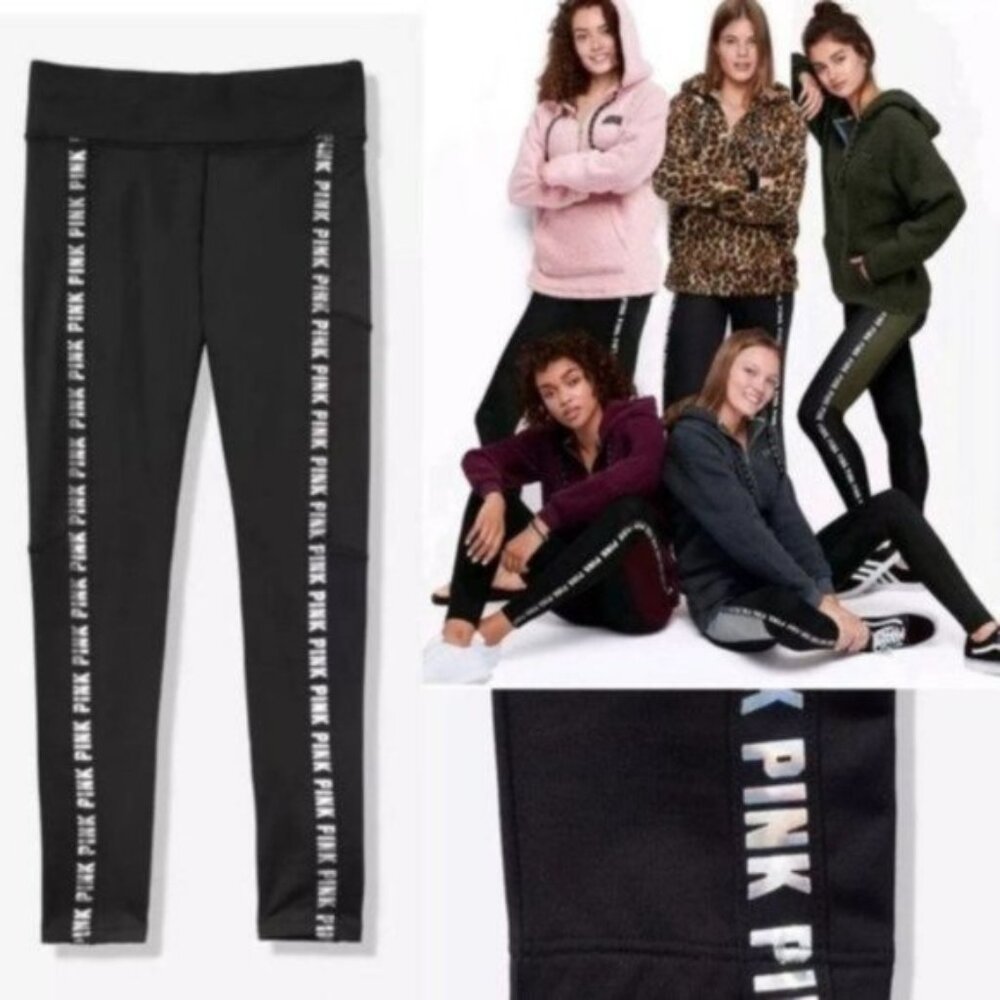 Victoria's Secret PINK | Black Fleece Lined Logo Leggings | Size medium